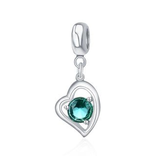 1pc 925 Sterling Silver Love Heart May Birthstone Charm Drop, Green Emerald Cubic Zirconia CZ, 26mm (1 inch) Long, Hole ID 4.5mm, EC1-E5