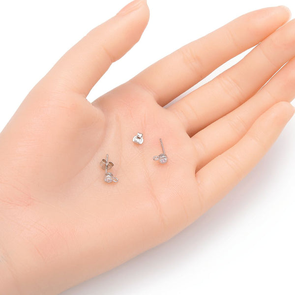 2 Pairs Sterling Silver Earring Posts, Closed Ring, 4pcs Earring Backs, Cubic Zirconia CZ , Tarnish Resistant Rhodium Plated, CZ Size Selections: 2/3/4/5mm