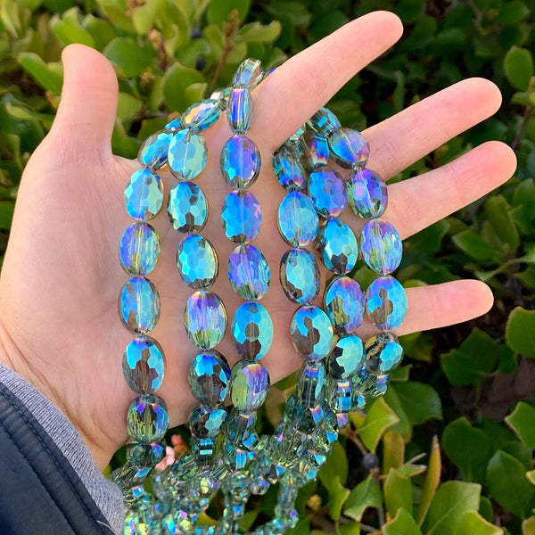 50pcs Creative Club Faceted Flat Oval Crystal Beads, Peridot Shimmer, 16x12mm/Large, Hole ID 1.1mm, CCO-36