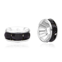 100pcs AAA Grade Rhinestone Rondelle Beads, Sterling Silver Plated Brass, Jet Black Rhinestone, Color Selections: 5mm/6mm/8mm/10mm/12mm