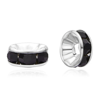 100pcs AAA Grade Rhinestone Rondelle Beads, Sterling Silver Plated Brass, Jet Black Rhinestone, Color Selections: 5mm/6mm/8mm/10mm/12mm