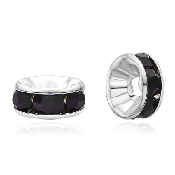 100pcs AAA Grade Rhinestone Rondelle Beads, Sterling Silver Plated Brass, Jet Black Rhinestone, Color Selections: 5mm/6mm/8mm/10mm/12mm