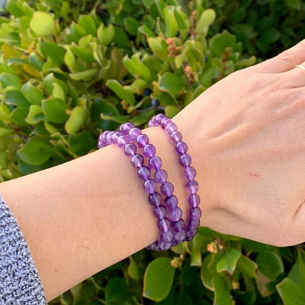 1 Strand Stretch Natural Grade A Purple Amethyst Beaded Gemstone Bracelet, 6mm Beads, Length Selections: 7 inch/7.5 inch/8 inch