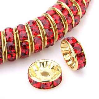 100pcs Grade A Rhinestone Rondelle Beads, Light Siam Red Rhinestone, 18K Yellow Gold Plated Brass, Size Selections: 5mm/6mm/8mm/10mm/12mm