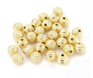 50pcs Tarnish Resistant Corrugated Ribbon Pattern Round Beads, 18K Yellow Gold Plated Brass, Size Selections: 6mm/8mm/10mm