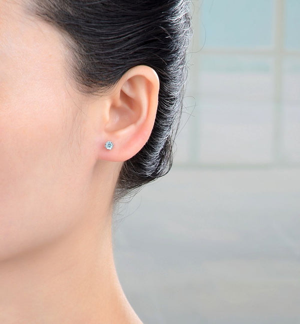 1 Pair 925 Sterling Silver March Birthstone Round Cut Stud Earrings, 4mm/0.25 Carat Small Cubic Zirconia CZ Blue Aquamarine Stone, SSE78-3