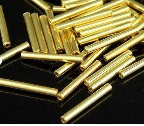 50pcs 925 Sterling Silver Crimp Tubes, Real 18K Yellow Gold Plated, Hole ID 1.5mm, Size Selections: 4x2mm, 5x2mm