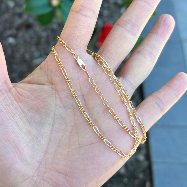 1pc Real 1/20 14K Gold Filled 2.2mm Dapped Figaro Link Chain Bracelet, 6.5 Inch with 1 Inch Extender, JB-21