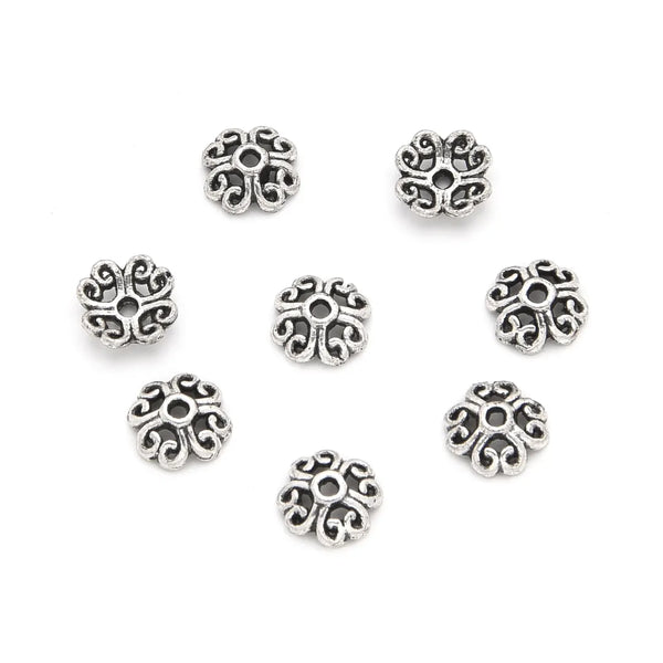 200pcs Filigree Heart Petal Bead Caps, 6mm Small Bead End Caps, Antique Silver, MC-AB17