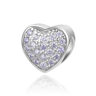 1pc 925 Sterling Silver Love Heart June Birthstone Bead Charm, Light Purple Alexandrite Cubic Zirconia CZ, 10mm, Hole ID 4.5mm, EC1-L6