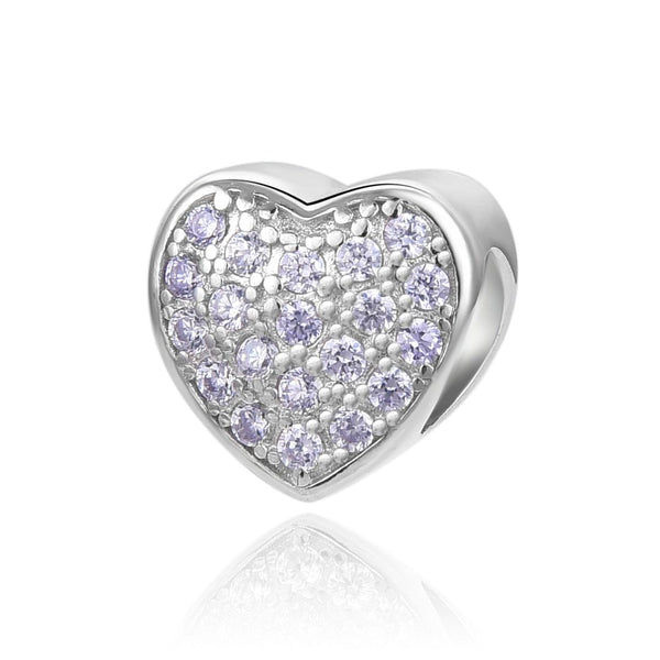1pc 925 Sterling Silver Love Heart June Birthstone Bead Charm, Light Purple Alexandrite Cubic Zirconia CZ, 10mm, Hole ID 4.5mm, EC1-L6