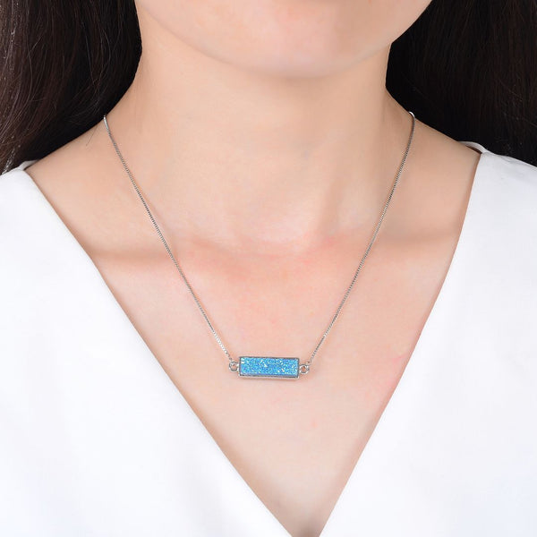1pc Natural Druzy Crystal Pendant Necklace, Aquamarine Blue Bar Gemstone Pendant, 18 inch Stainless Steel Surgical Chain, GGP23-3