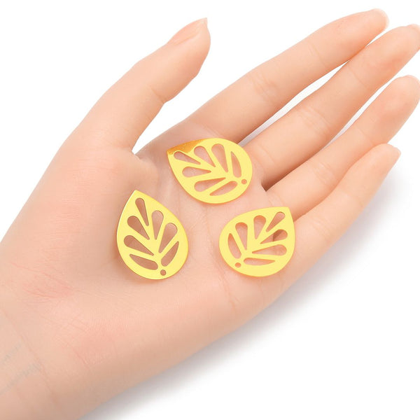 10pcs 30mm Large Cute Leaf Links, Tarnish Resistant, 18K Yellow Gold Plated Brass, BFW-B11