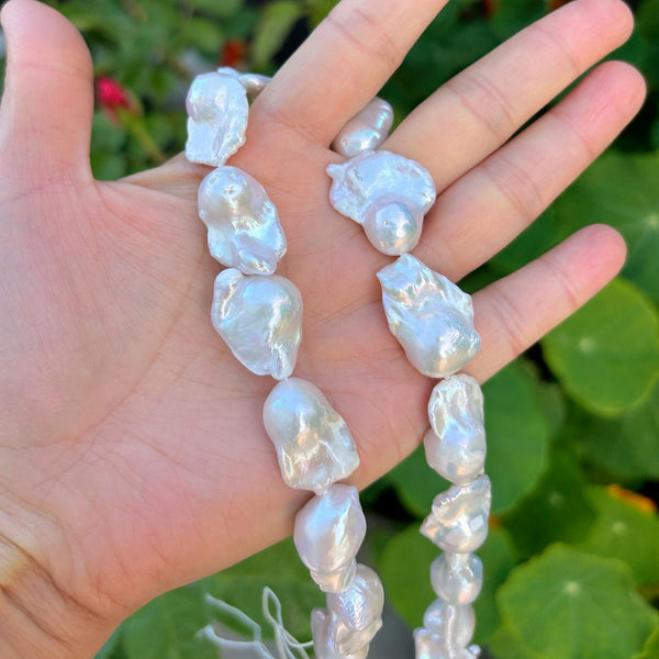 15 Inch Grade A Natural Baroque Pearl Beads, Irregular White Cultured Freshwater Flameball Teardrop Pearls, Large 15mm-26mm Flameball Pearls, Hole ID 1mm, PA1-28