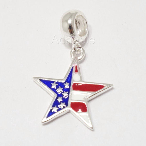 1pc Solid 925 Sterling Silver American Flag Bead Charm, Compatible with Pandora All Other Charm Bracelet, EC654