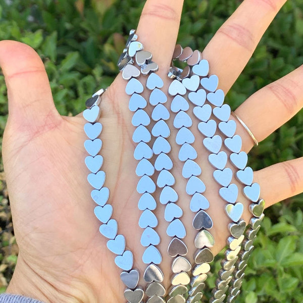Grade A Natural Hematite Gemstone Heart Beads, White Gold Plated, 15 Inch/1 Strand, 8mm, Hole ID 1mm, GFC-F5