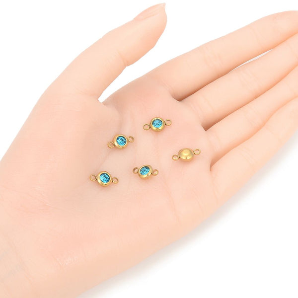 10pcs Grade A December Blue Zircon Birthstone Links, 18K Yellow Gold Plated Stainless Steel, Tarnish Resistant, 6mm, CCP35-12