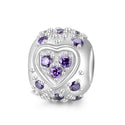1pc 925 Sterling Silver Round Heart Pattern February Birthstone Bead Charm, Purple Amethyst Cubic Zirconia CZ, 11x9mm, Hole ID 4.5mm, EC1-H2