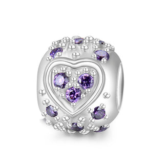 1pc 925 Sterling Silver Round Heart Pattern February Birthstone Bead Charm, Purple Amethyst Cubic Zirconia CZ, 11x9mm, Hole ID 4.5mm, EC1-H2