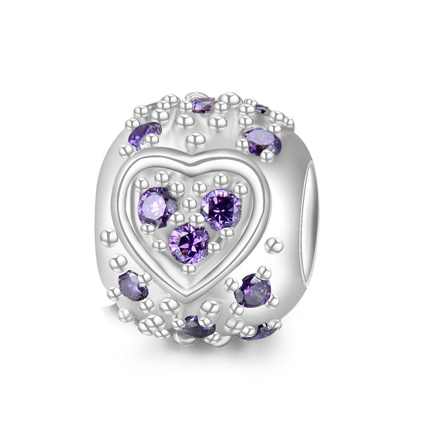 1pc 925 Sterling Silver Round Heart Pattern February Birthstone Bead Charm, Purple Amethyst Cubic Zirconia CZ, 11x9mm, Hole ID 4.5mm, EC1-H2