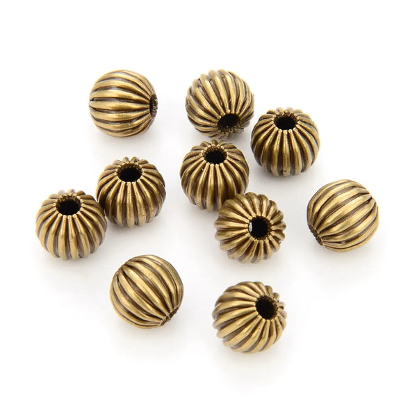 100pcs Small Tiny Corrugated Melon Round Beads, Antique Bronze Plated Brass, Tarnish Resistant, Size Selections: 3mm/4mm