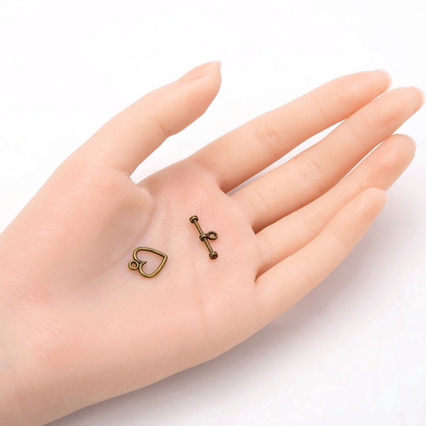 Adabele 20 Sets Heart Shape Toggle Clasp, T-Bar Jewelry Closure, 11.6mm (0.46 Inch), Tarnish Resistant Antique Bronze, MC-AF60