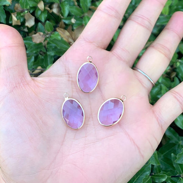 10pcs Grade A June Alexandrite Purple Oval Birthstone Charm Drops, 18K Yellow Gold Plated Brass, 18x13mm, CCP6-G6