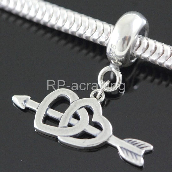 1pc Real 925 Sterling Silver Cupid Arrow Two-Heart Love Charm Pendant, Compatible with Pandora All Other Charm Bracelets, EC4-D3