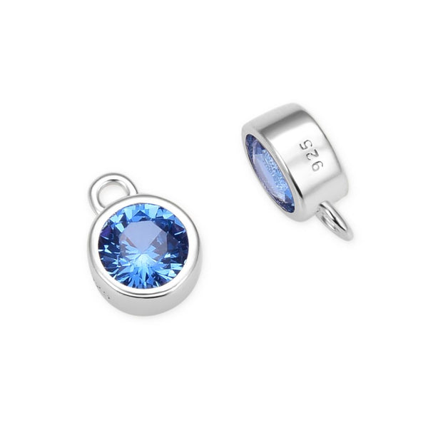 2pcs 925 Sterling Silver 6mm December Birthstone Charm Drop Pendants, Tarnish Resistant, Blue Topaz Cubic Zirconia Gemstone, SXP8-12