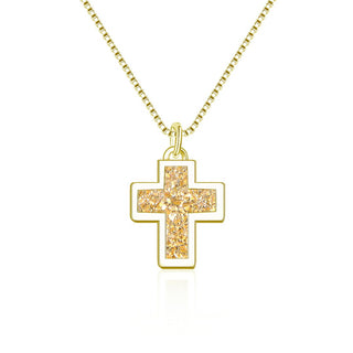 1pc Natural Druzy Crystal Pendant Necklace, Gold Cross Drop Small Gemstone Pendant, 18 inch Gold Plated Stainless Steel Chain, GGP20-1