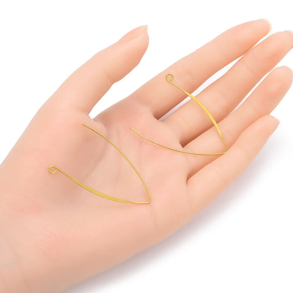 50pcs Raw Brass Flat Marquise Earring Hooks, V Shape Ear Wire, 0.7mm/21 Gauge, 45mm Long, Unplated/Uncoated, CX249
