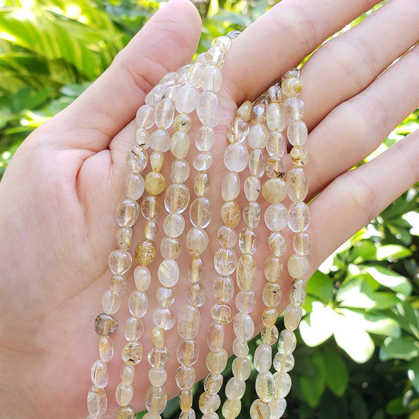 Natural Gold Rutilated Quartz Gemstone Oval Tumbled Pebble Beads, Irregular, 6mm to 8mm, Hole ID 1mm, 15 Inch/1 Strand, GZ11-39
