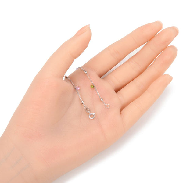 1pc 925 Sterling Silver 2.5mm Bead Station Cable Chain Bracelet with CZ Gemstone Drops, Tarnish Resistant White Gold Plated, Length Selections: 7 inch/7.5 inch