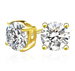 1 pair 18K Yellow Gold Plated Sterling Silver Stud Earrings, 8mm/2 Carat Round Cut Cubic Zirconia CZ Diamond, SSE75-8