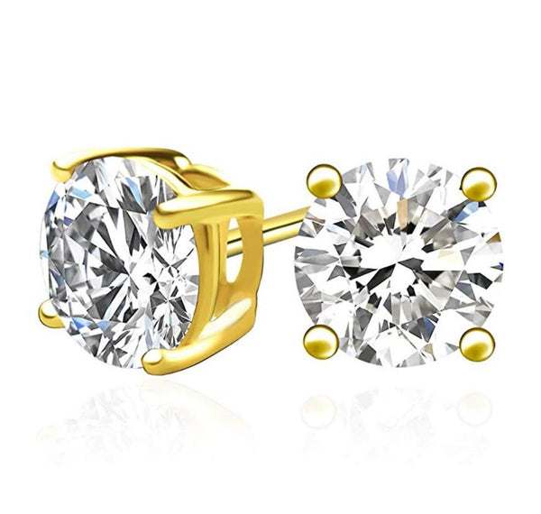 1 pair 18K Yellow Gold Plated Sterling Silver Stud Earrings, 8mm/2 Carat Round Cut Cubic Zirconia CZ Diamond, SSE75-8