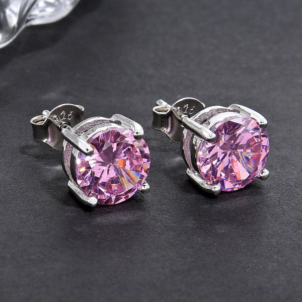 1 Pair 925 Sterling Silver October Birthstone Round Cut Stud Earrings, 8mm/2 Carat Cubic Zirconia CZ Pink Tourmaline Stone, SSE49-10