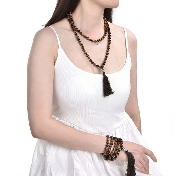 Adabele Premium 108 Mala Bead Tassel Necklace, 8mm Natural Golden Yellow Tiger Eye Gemstone, Tibetan Buddhist Japa Prayer Beaded Jewelry RGN7