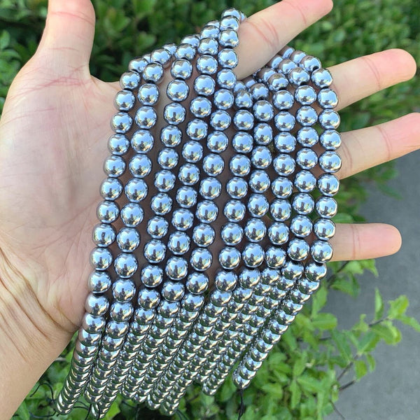 Natural Hematite Gemstone Round Beads, White Gold Plated, 15 Inch/1 Strand, Size Selections: 6mm/8mm/10mm