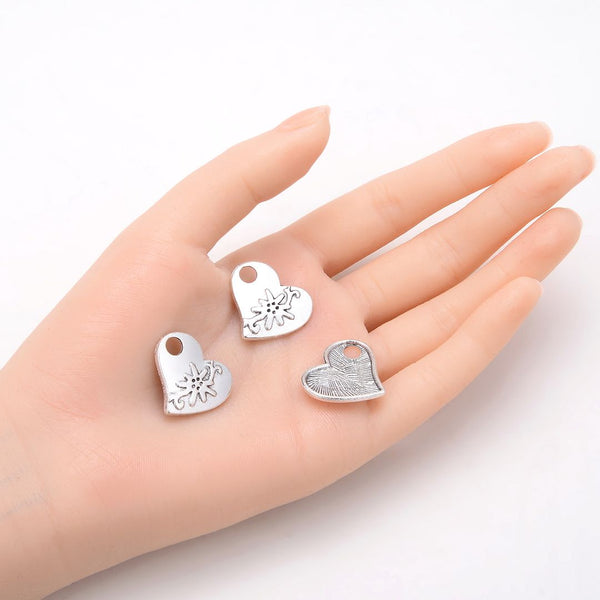 20pcs Cute Flower Heart Charms, 20mm One Sided Heart Drop Pendants, Antique Silver, MC-D23