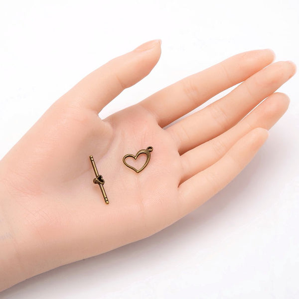 Adabele 20 Sets Heart Shape Toggle Clasp, T-Bar Jewelry Closure, 14.5mm (0.57 Inch), Tarnish Resistant Antique Bronze, MC-AF57