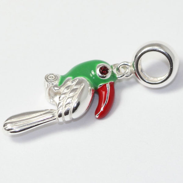 1pc Cute Real Solid Sterling Silver Green Parrot Charm Bird Bead, Compatible with Pandora All Other Charm Bracelets, EC638-A