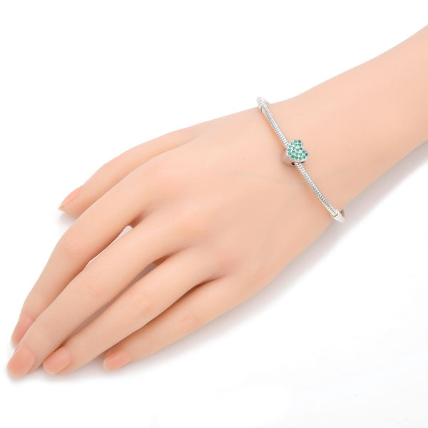 1pc 925 Sterling Silver Love Heart May Birthstone Bead Charm, Green Emerald Cubic Zirconia CZ, 10mm, Hole ID 4.5mm, EC1-L5
