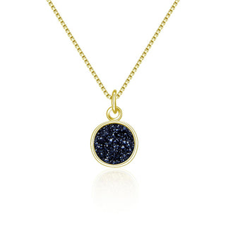 1pc Natural Druzy Crystal Pendant Necklace, Hematite Black Round Disc Small Tiny Gemstone Pendant, 18 inch Gold Plated Stainless Steel Chain, GGP22-4