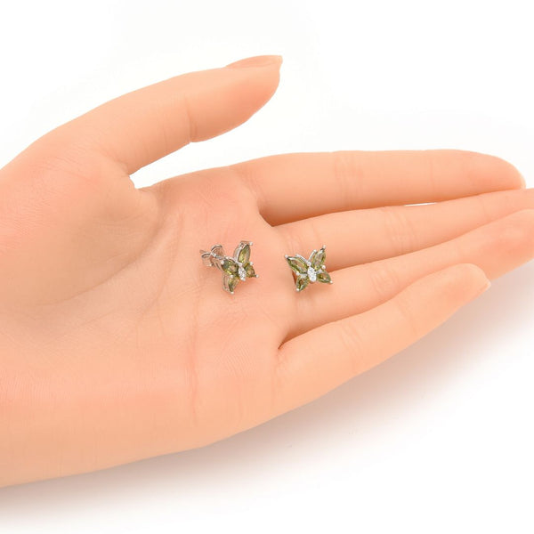 1 Pair 925 Sterling Silver August Green Birthstone Butterfly Stud Earrings, 10mm, Cubic Zirconia CZ Peridot Stone, SSE83-8