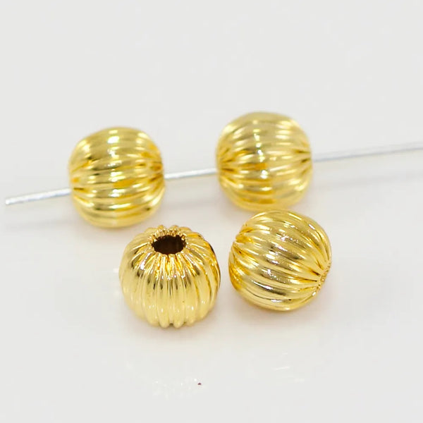 100pcs Sparkle Corrugated Melon Round Beads, 18K Yellow Gold Plated Brass, Size Selections: 6mm/8mm/10mm
