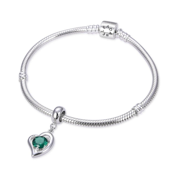 1pc 925 Sterling Silver Love Heart May Birthstone Charm Drop, Green Emerald Cubic Zirconia CZ, 26mm (1 inch) Long, Hole ID 4.5mm, EC1-E5