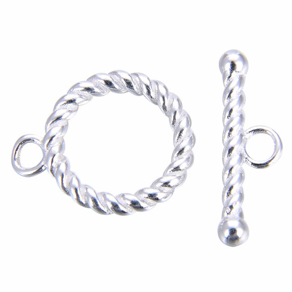 2 Sets 925 Sterling Silver Round Twisted Toggle Clasps, T-Bar Jewelry Closure, 13mm (0.51 Inch), SS397