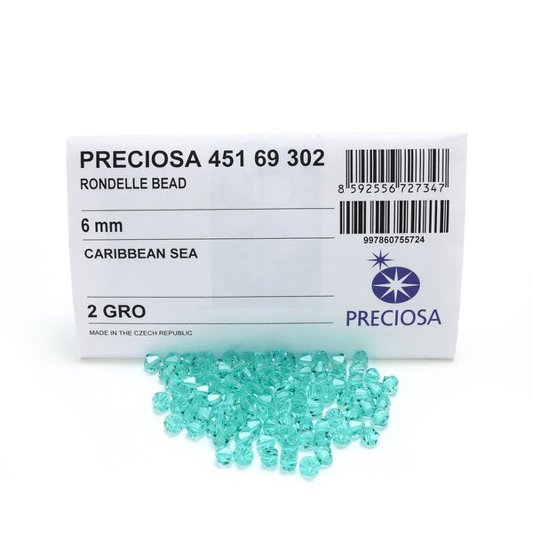 50pcs Preciosa Faceted Bicone Crystal Beads, Caribbean Sea, 6mm, Hole ID 1mm, Pre-B633