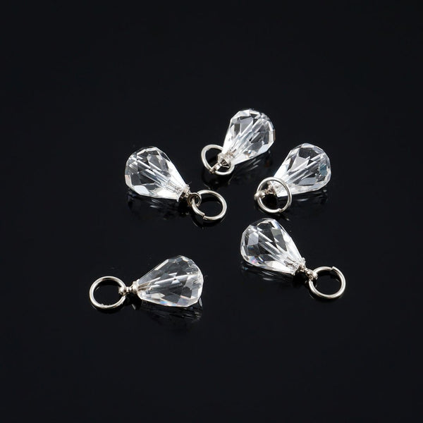 5pcs April Clear Birthstone Charm Drops, 10mm Austrian Teardrop Crystal Beads, Sterling Silver Plated Open Jump Rings, BR6-4