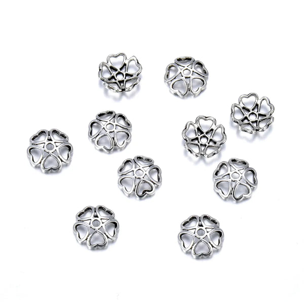 200pcs Heart Petal Flower Bead Caps, 9.5mm Bead End Caps, Antique Silver, MC-AB14